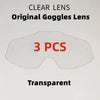 A package showing three clear lens components for original goggles, described as transparent.