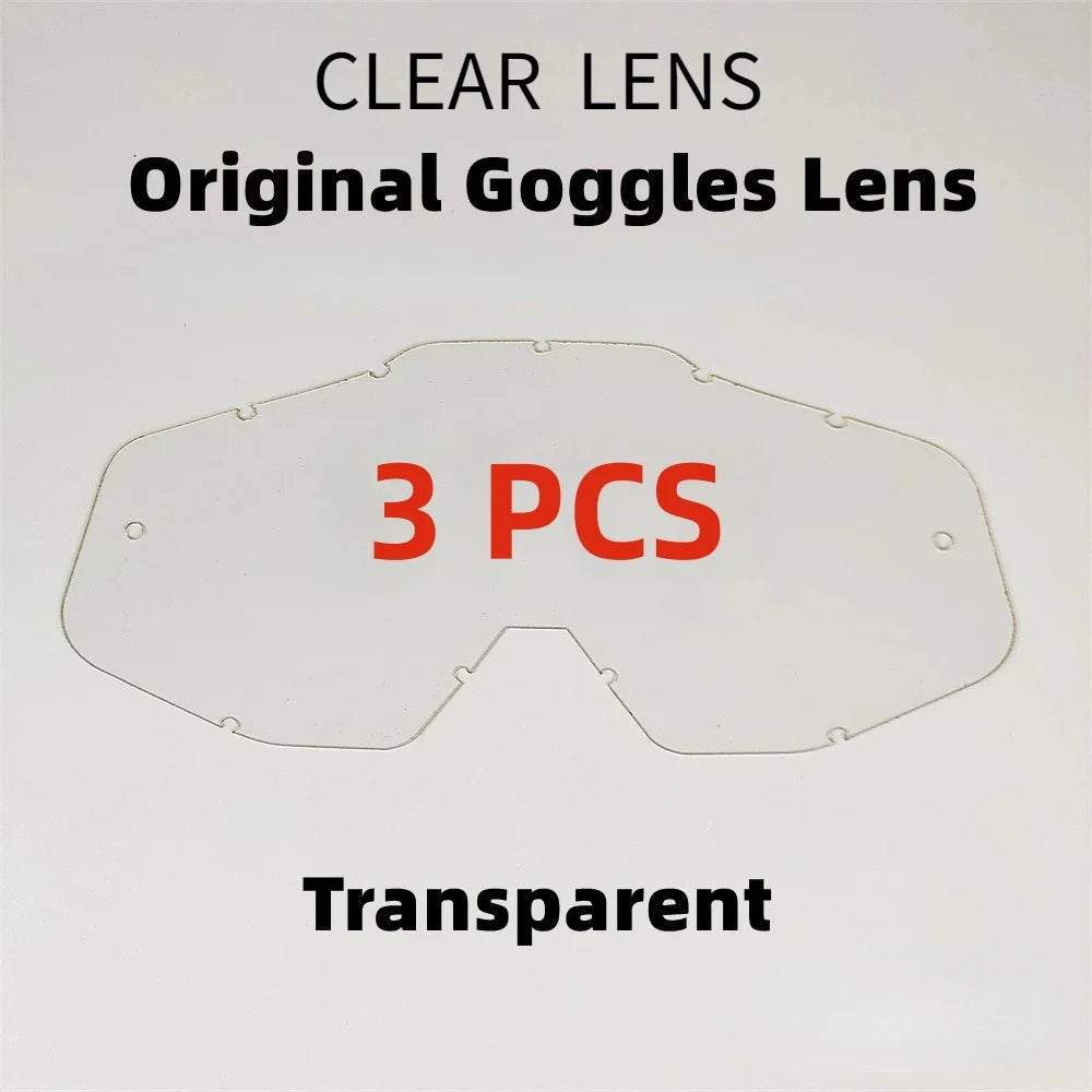 A package showing three clear lens components for original goggles, described as transparent.
