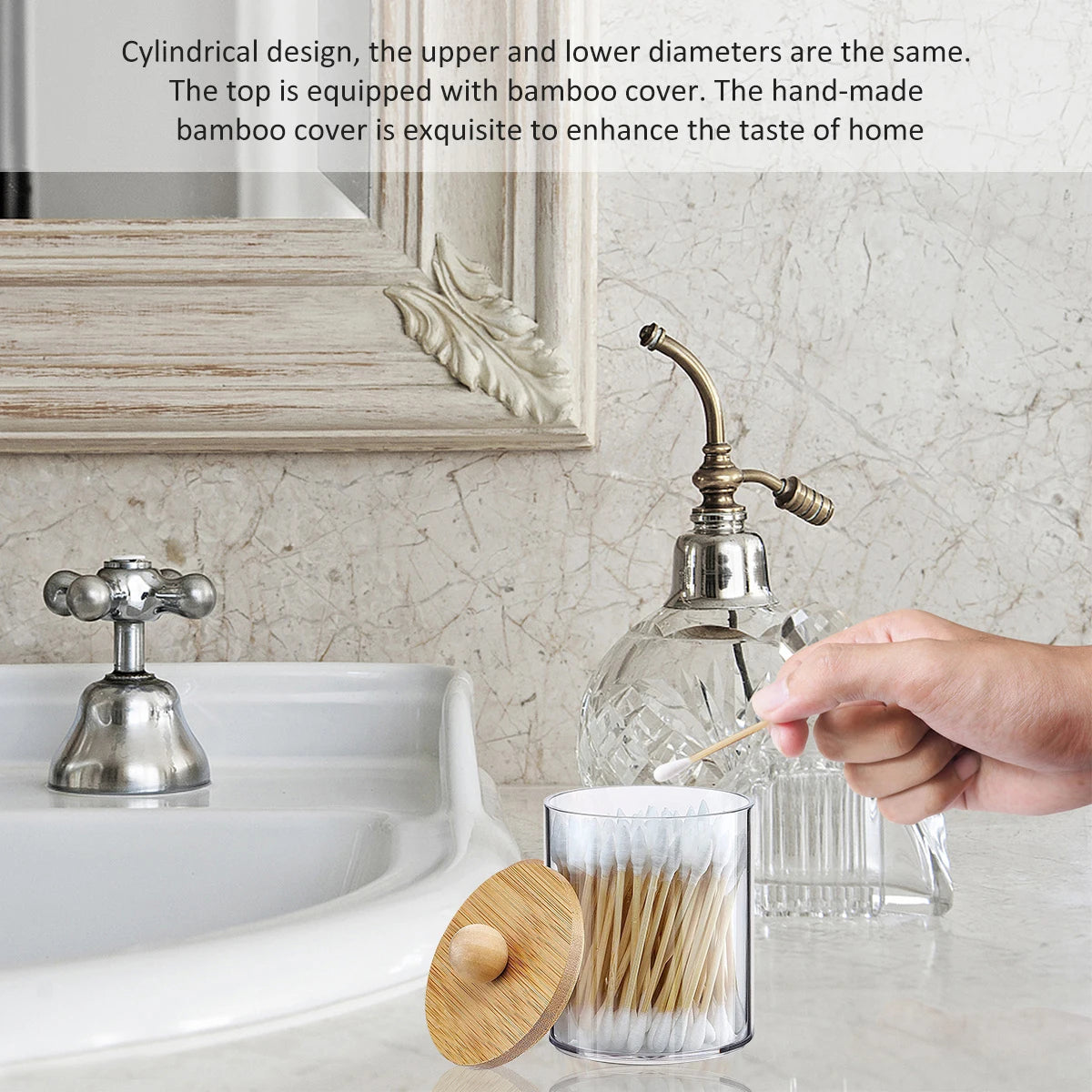 Acrylic bathroom storage set with bamboo lids and a glass bottle for home seasoning