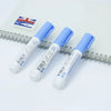 A pair of blue thermal paper privacy erasers are shown next to a British flag on a white background.