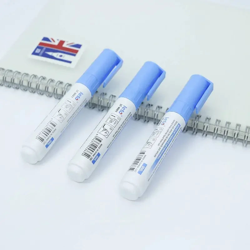 A pair of blue thermal paper privacy erasers are shown next to a British flag on a white background.