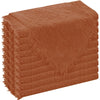 A stack of six raw-edge polyester cloth napkins in a rust orange color.