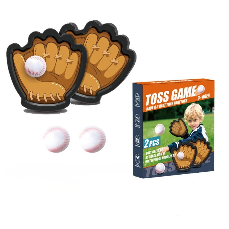 A set of two foam mitts and two tennis balls for a toss game.