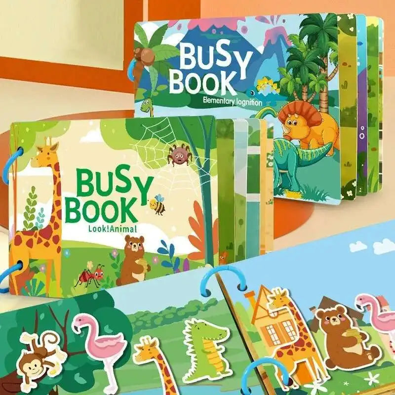 A colorful busy book featuring various animals, including a giraffe, bear, and dinosaur figures.