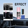 A bottle of polishing cleaner is shown next to a dark plastic car interior, demonstrating an effect before and after cleaning