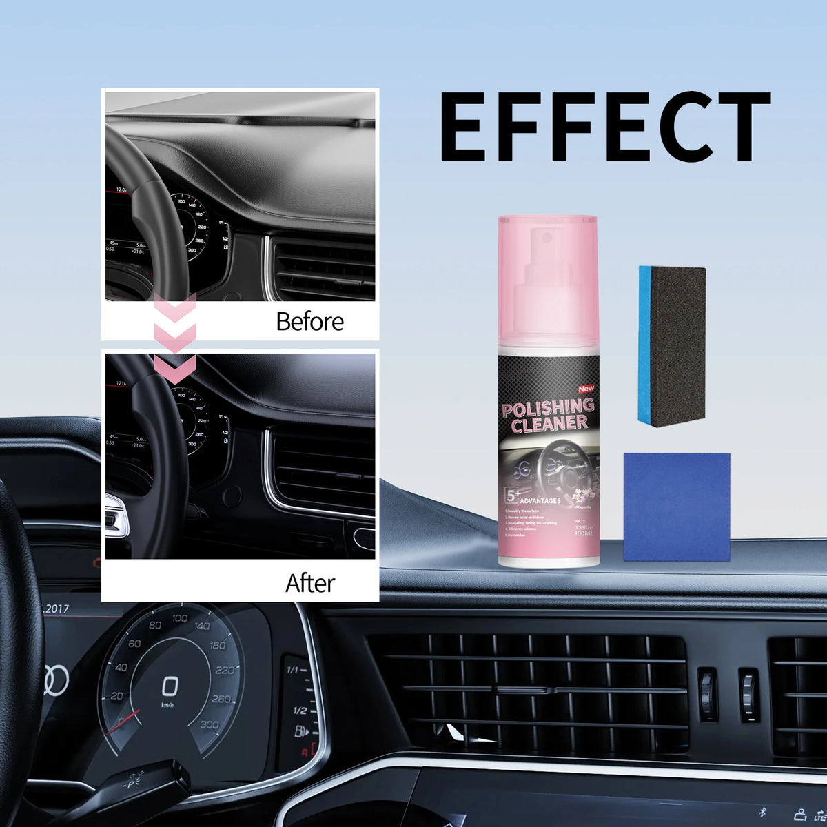 A bottle of polishing cleaner is shown next to a dark plastic car interior, demonstrating an effect before and after cleaning