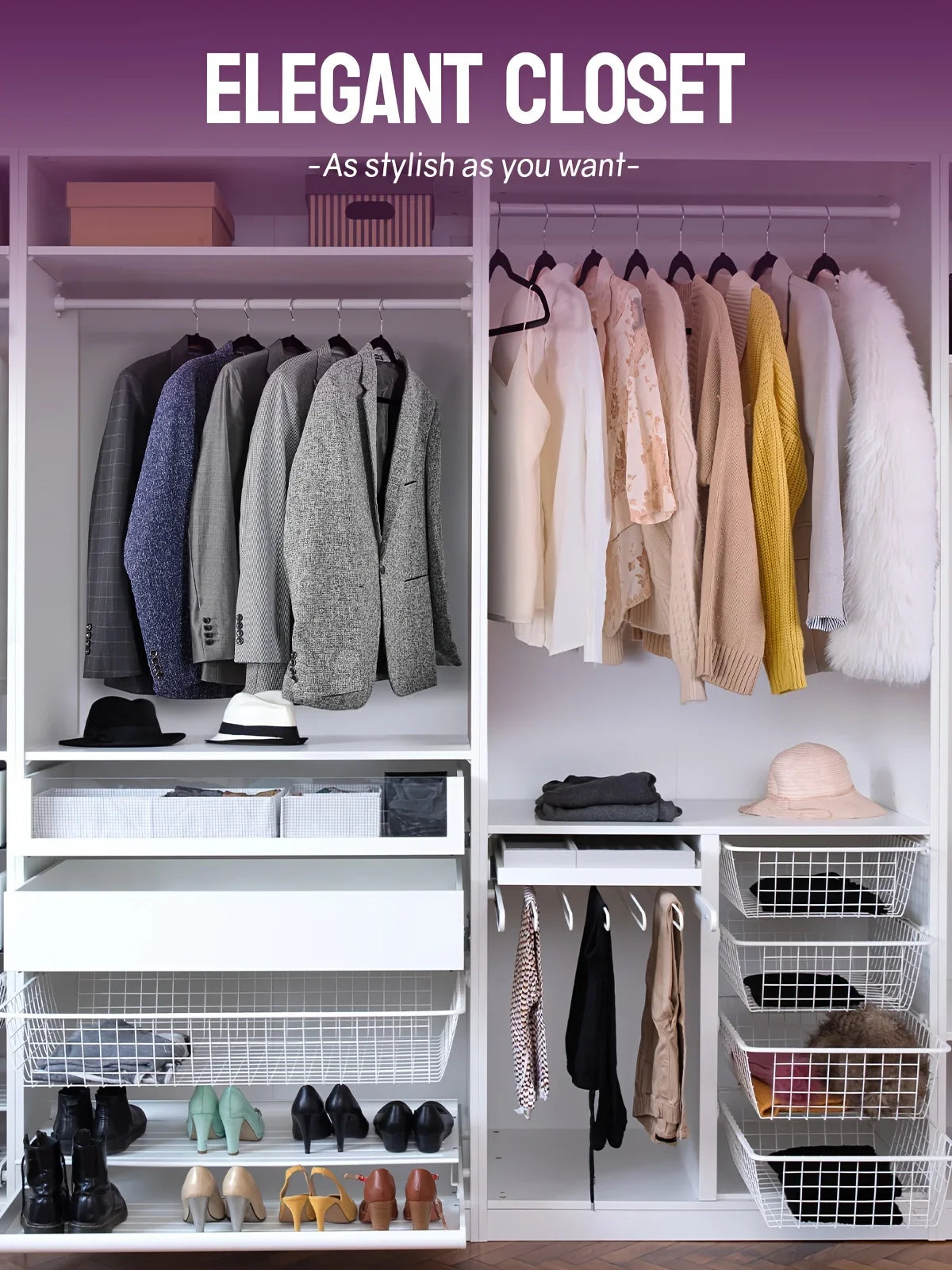 Elegant closet featuring various clothing items and velvet non-slip hangers in a white storage system.