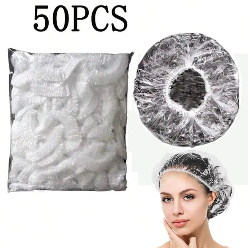 A pack of 50 disposable transparent shower caps and a woman wearing one.