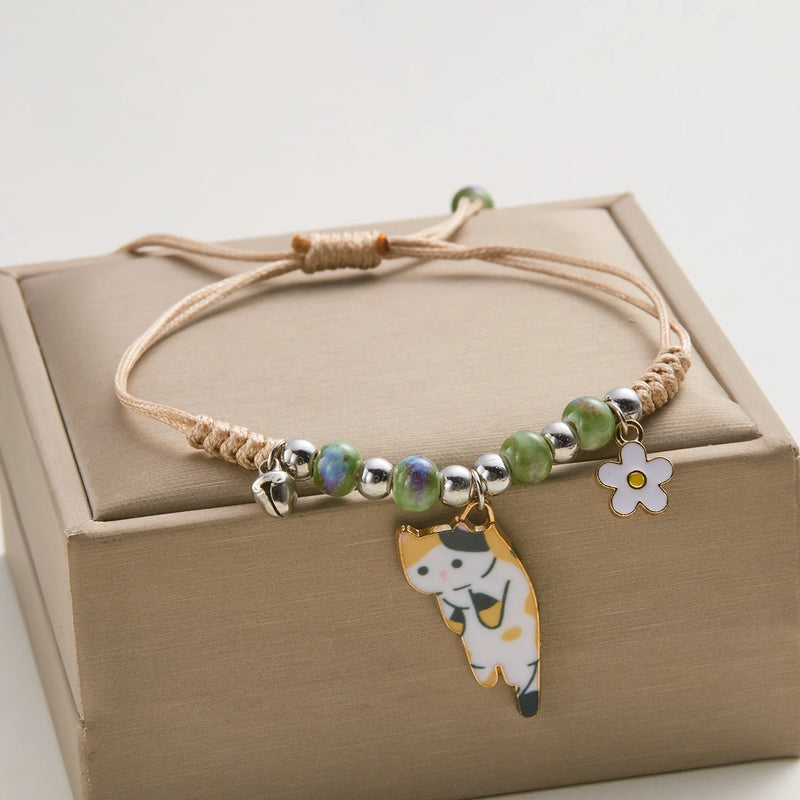 Enamel Cat & Flower Charm Bracelet