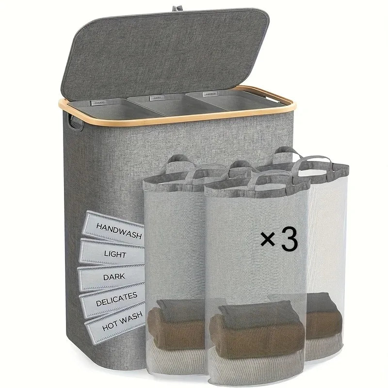 Gray foldable laundry hamper with a lid and three clear mesh bags for laundry storage
