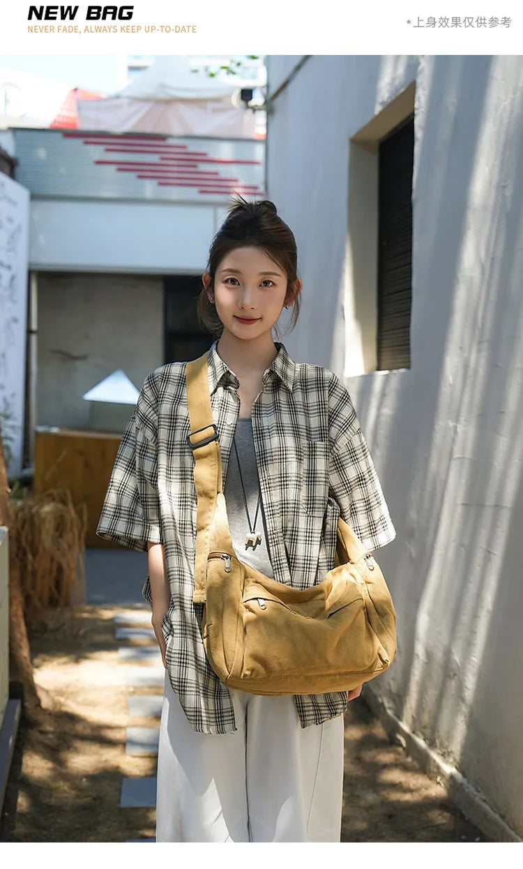 Cotton Canvas Crossbody Bag with Large Capacity