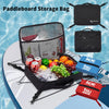 A black paddleboard storage bag is shown open, containing a cooler and various items on a white surface.
