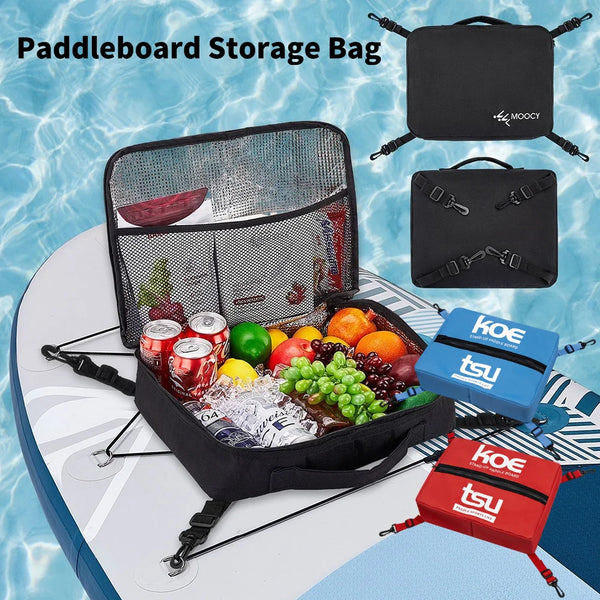 A black paddleboard storage bag is shown open, containing a cooler and various items on a white surface.