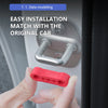 A hand is installing a red silicone door shock-absorbing pad onto a car door handle.