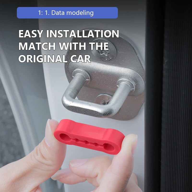 A hand is installing a red silicone door shock-absorbing pad onto a car door handle.