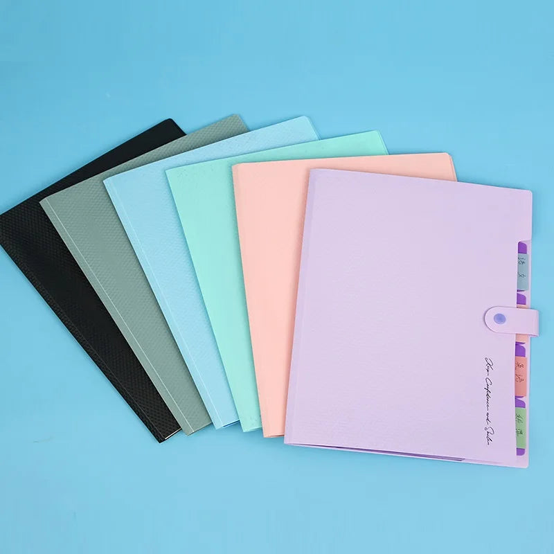 A collection of five colored accordion document folders for A4 papers, including black, gray, light blue, mint green, and pin