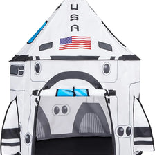 A white USA rocket ship play tent set featuring a main tent and a tunnel.