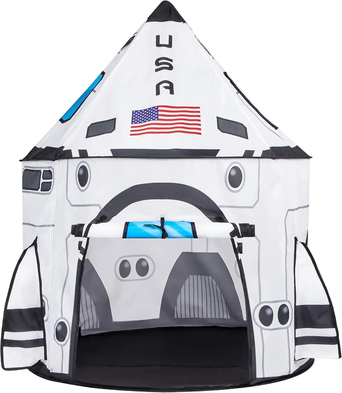 A white USA rocket ship play tent set featuring a main tent and a tunnel.