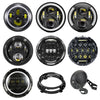 A set of motorcycle LED headlight assemblies featuring angel eyes and daytime running lights.