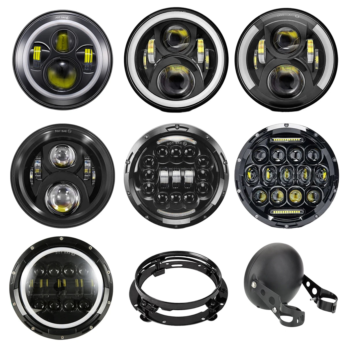 A set of motorcycle LED headlight assemblies featuring angel eyes and daytime running lights.