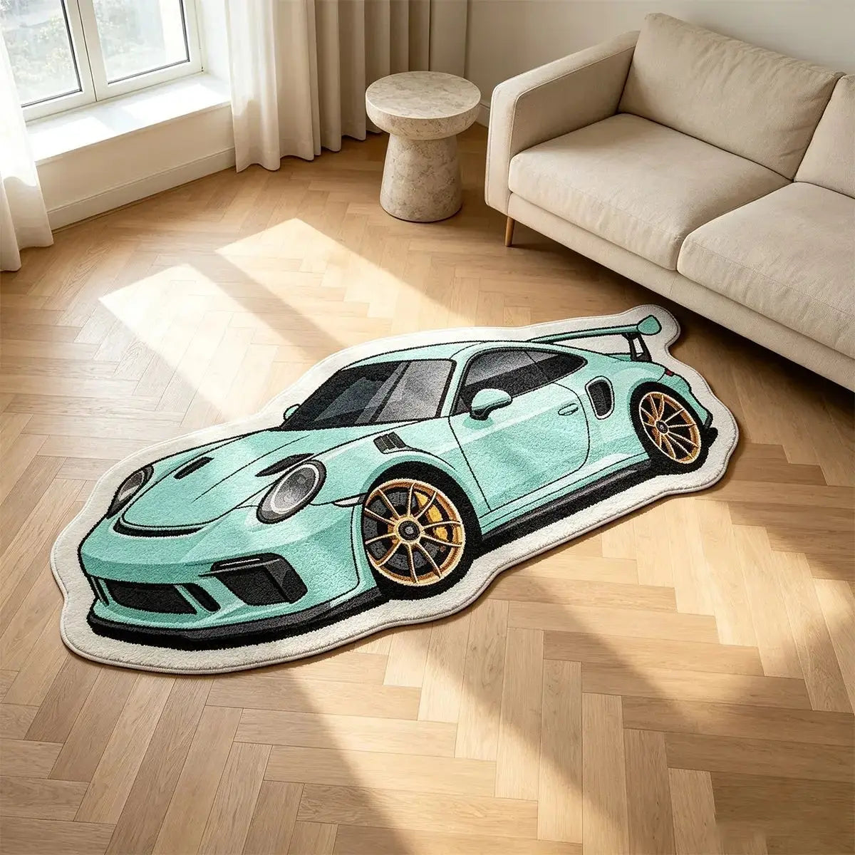 A light blue sports car shaped non-slip rug lying on a wooden floor.