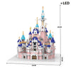 A pink and blue miniature castle building block set with an LED light feature.
