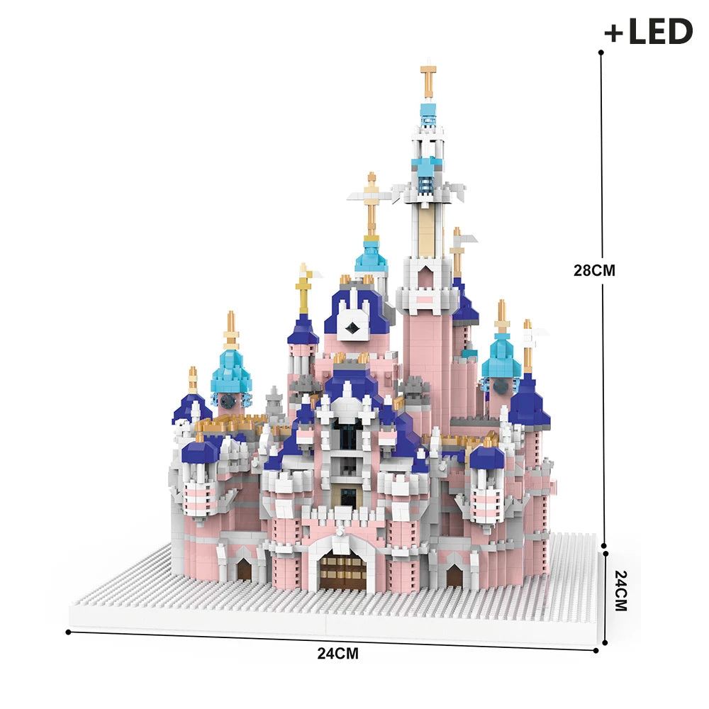 A pink and blue miniature castle building block set with an LED light feature.
