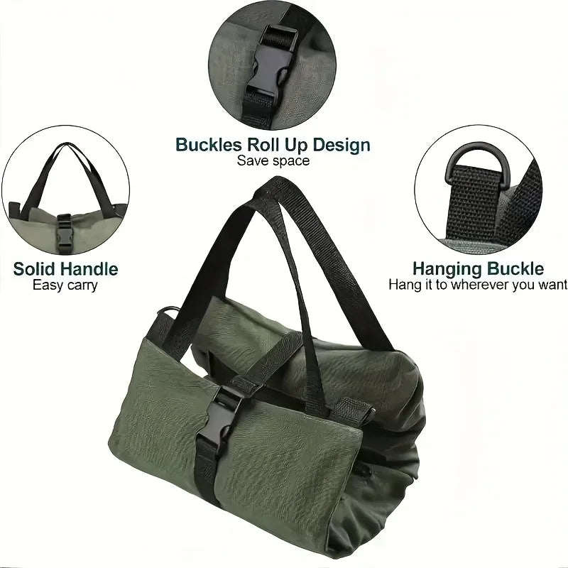 A dark olive green roll-up organizer bag with a solid handle and hanging buckle features multiple pockets.