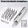 A set of 34 electric screwdrivers with various bits and a cordless screwdriver body and charging cable.