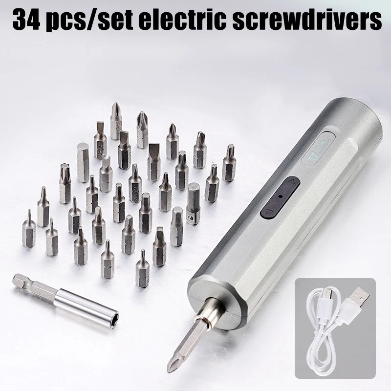 A set of 34 electric screwdrivers with various bits and a cordless screwdriver body and charging cable.