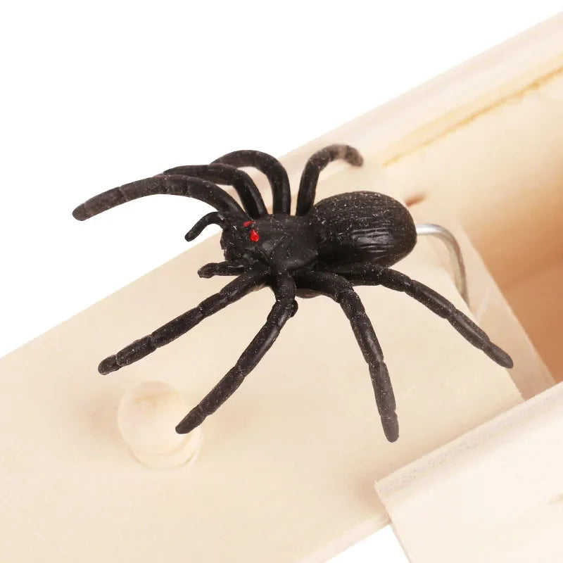 A black spider with red eyes is displayed inside a light wooden box.