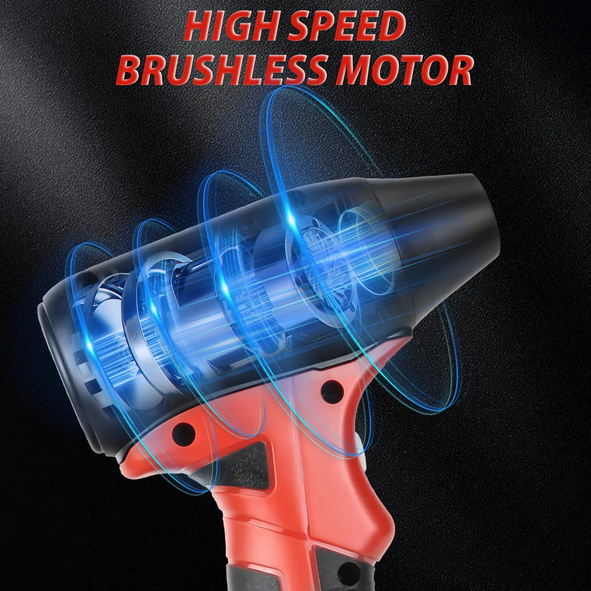Close-up of a red and black cordless handheld jet blower featuring a high-speed brushless motor.