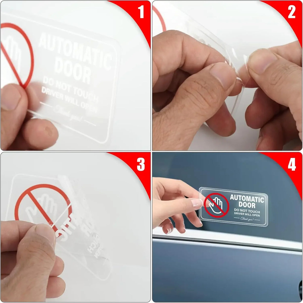 Four panels showing automatic door safety decals applied to a glass surface for warning drivers not to touch the door.