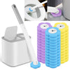 A disposable toilet cleaning brush kit with an auto-open lid and colored cleaning brushes.