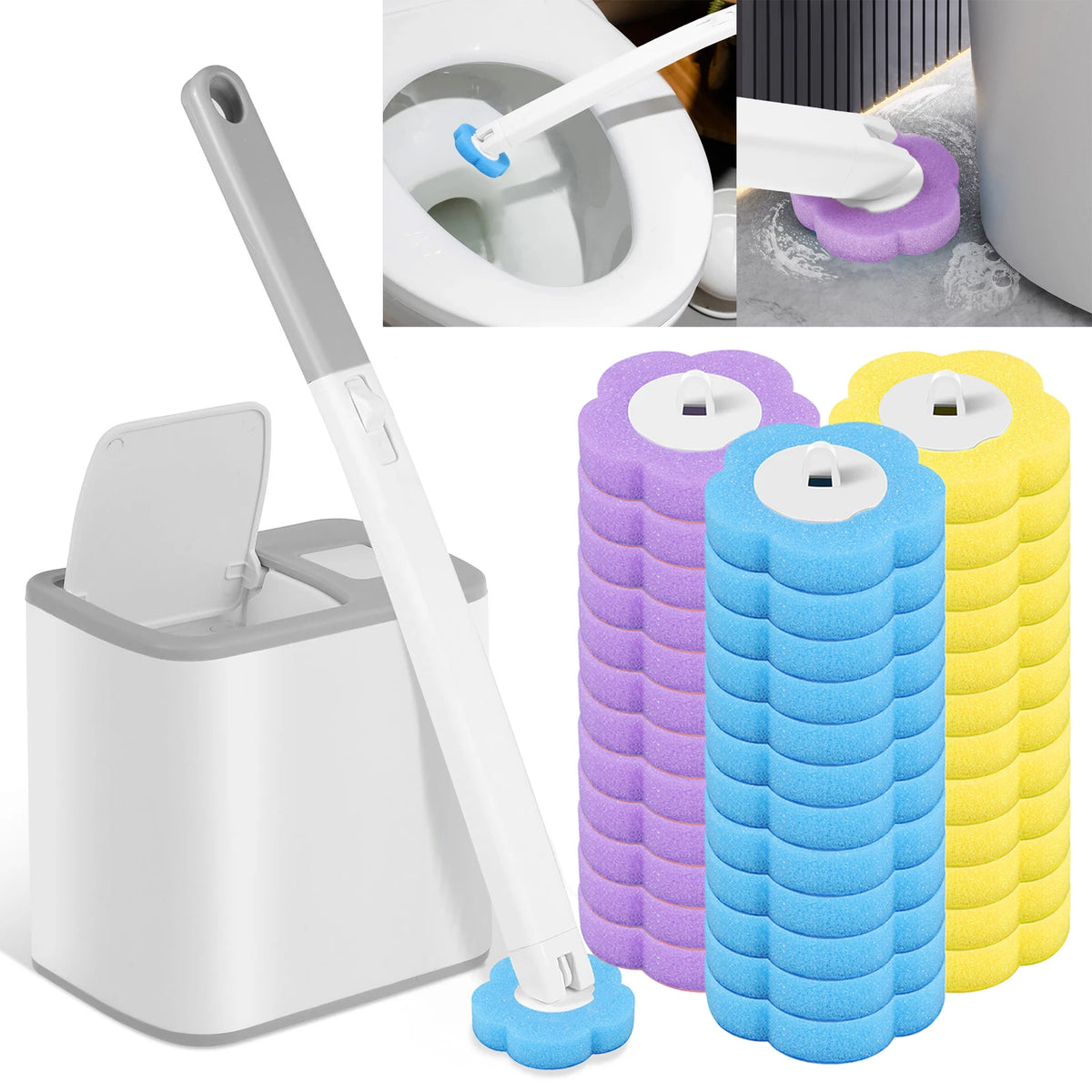 A disposable toilet cleaning brush kit with an auto-open lid and colored cleaning brushes.