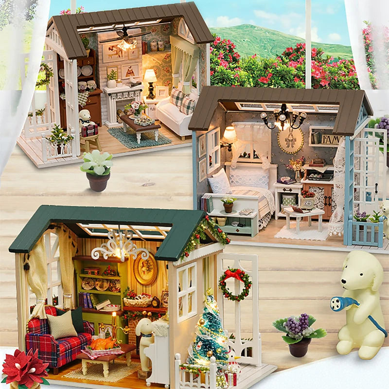A wooden miniature dollhouse kit with interior details and LED lights displayed on a light wood surface.
