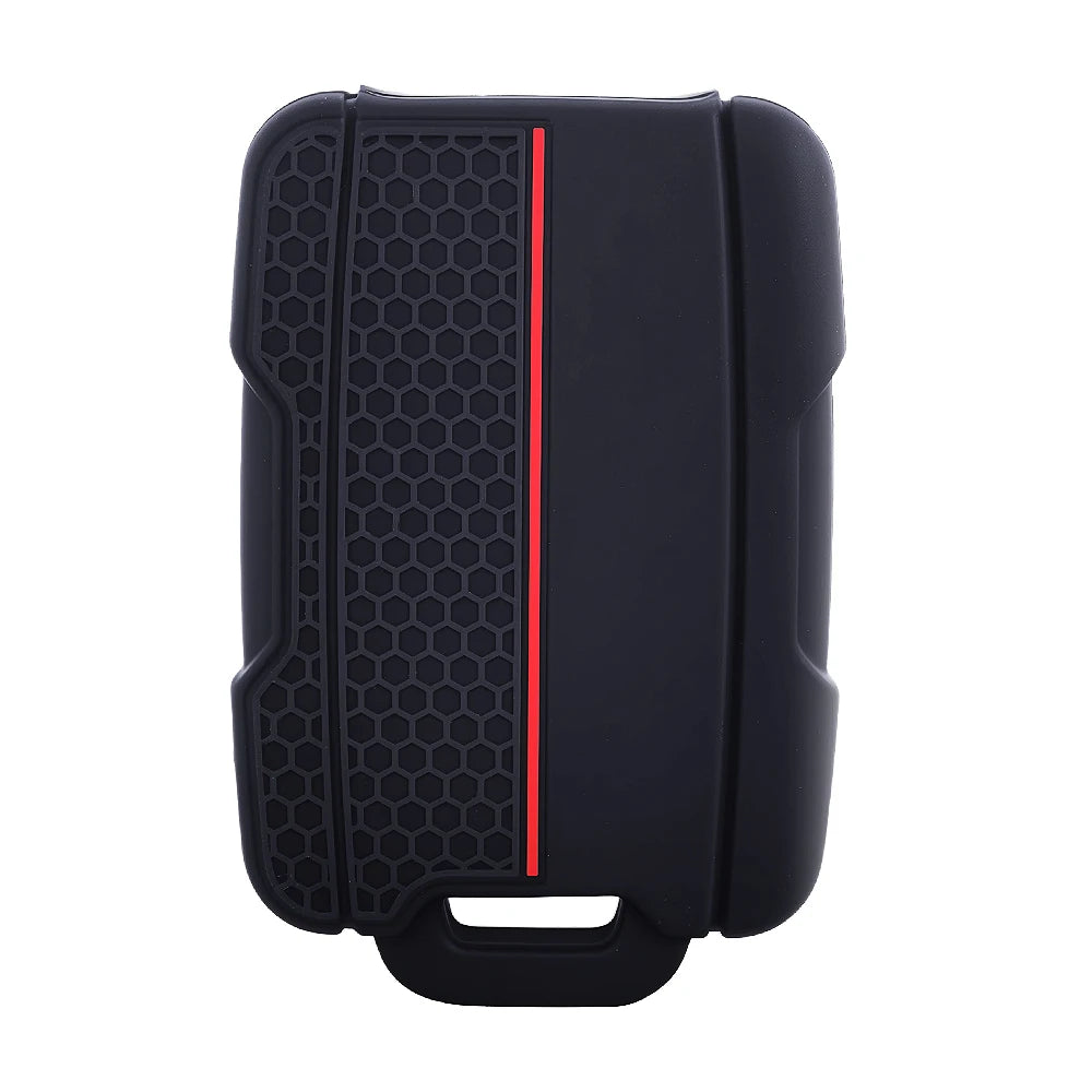 Black silicone key fob cover for Chevy Silverado and GMC Sierra with a red accent stripe.
