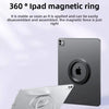 A silver iPad is shown with a magnetic ring attached, demonstrating its 360 degree magnetic grip.
