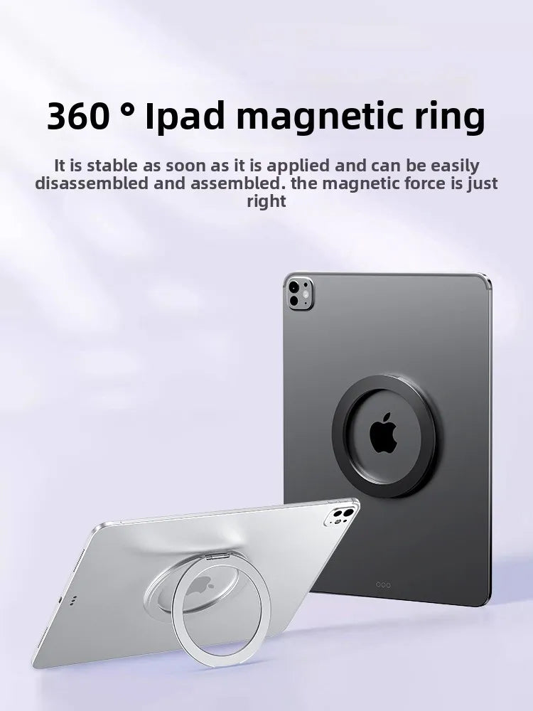 A silver iPad is shown with a magnetic ring attached, demonstrating its 360 degree magnetic grip.