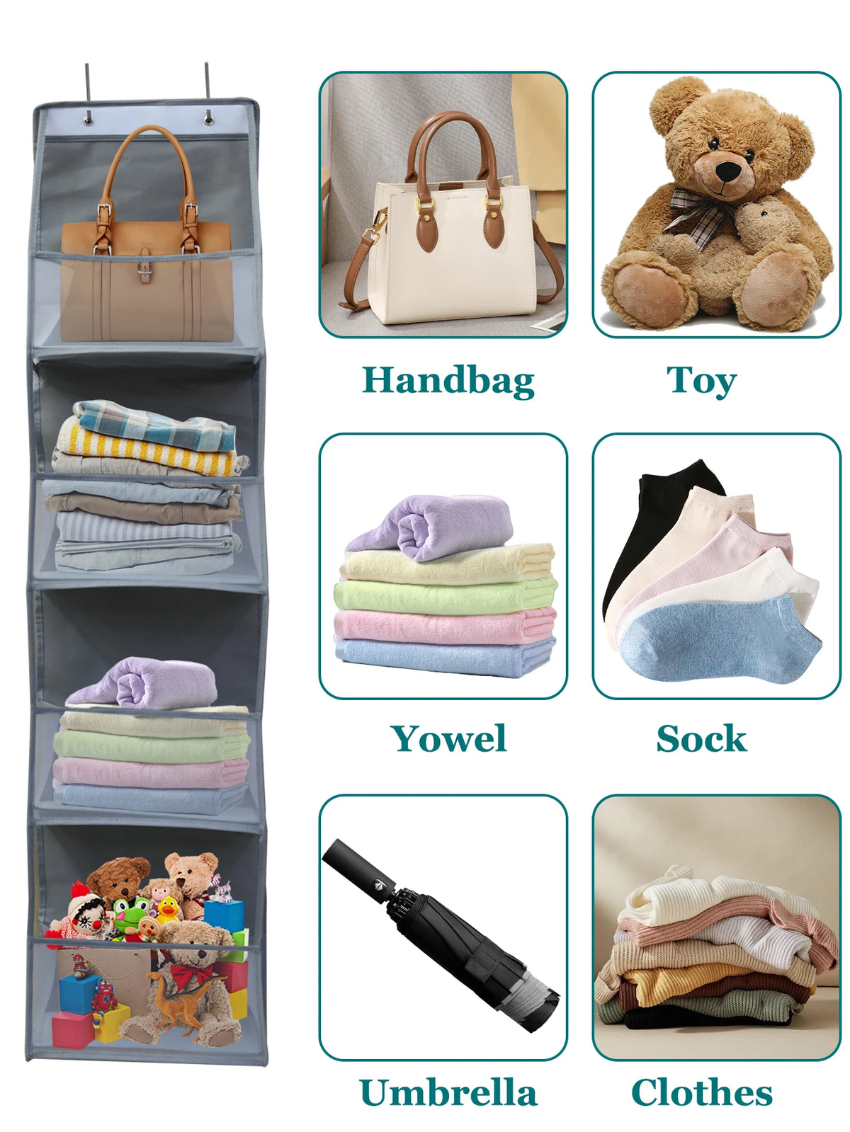 Over-the-door hanging organizer with clear compartments holding a handbag, toy, towel, towel, towel, socks, umbrella, and clo
