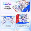 A multi-faceted white and blue cube product demonstrating Omni-support Spherical Orbit design features.