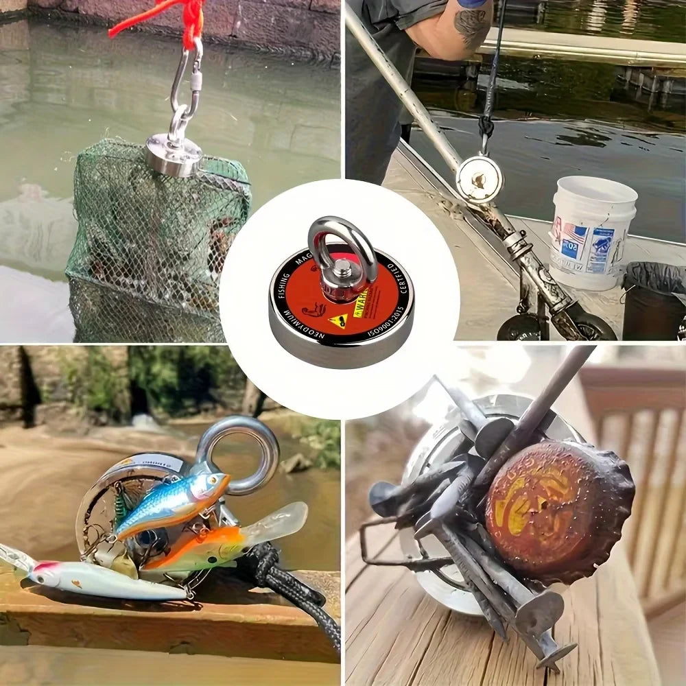 A neodymium fishing magnet is shown attached to a fishing line, used for recovering fish from river or lake water.