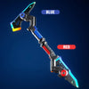 A blue and red light-up sword and axe toy with sound effects displayed against a dark background.