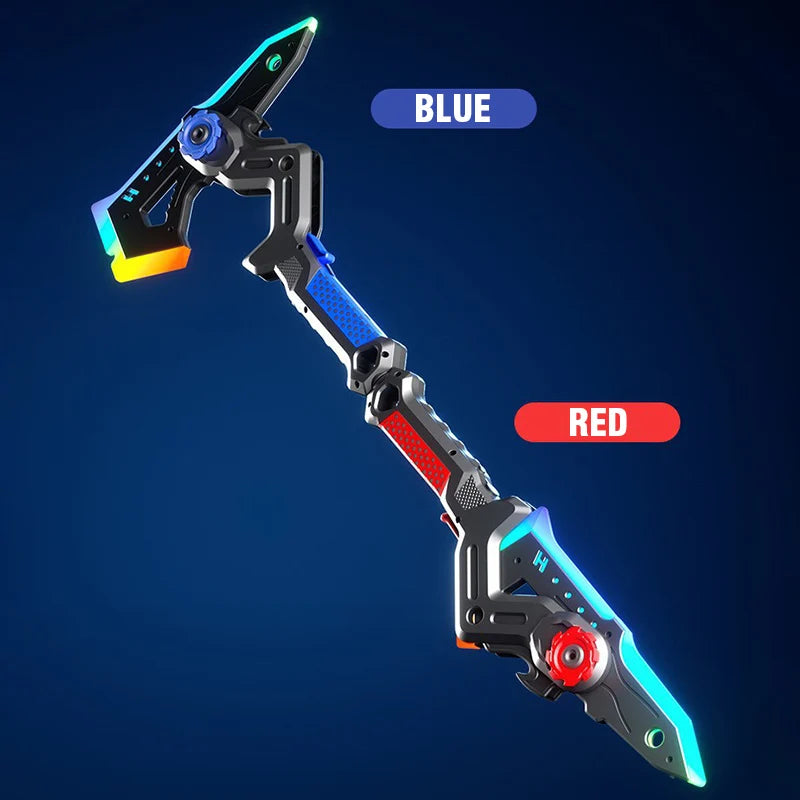 A blue and red light-up sword and axe toy with sound effects displayed against a dark background.