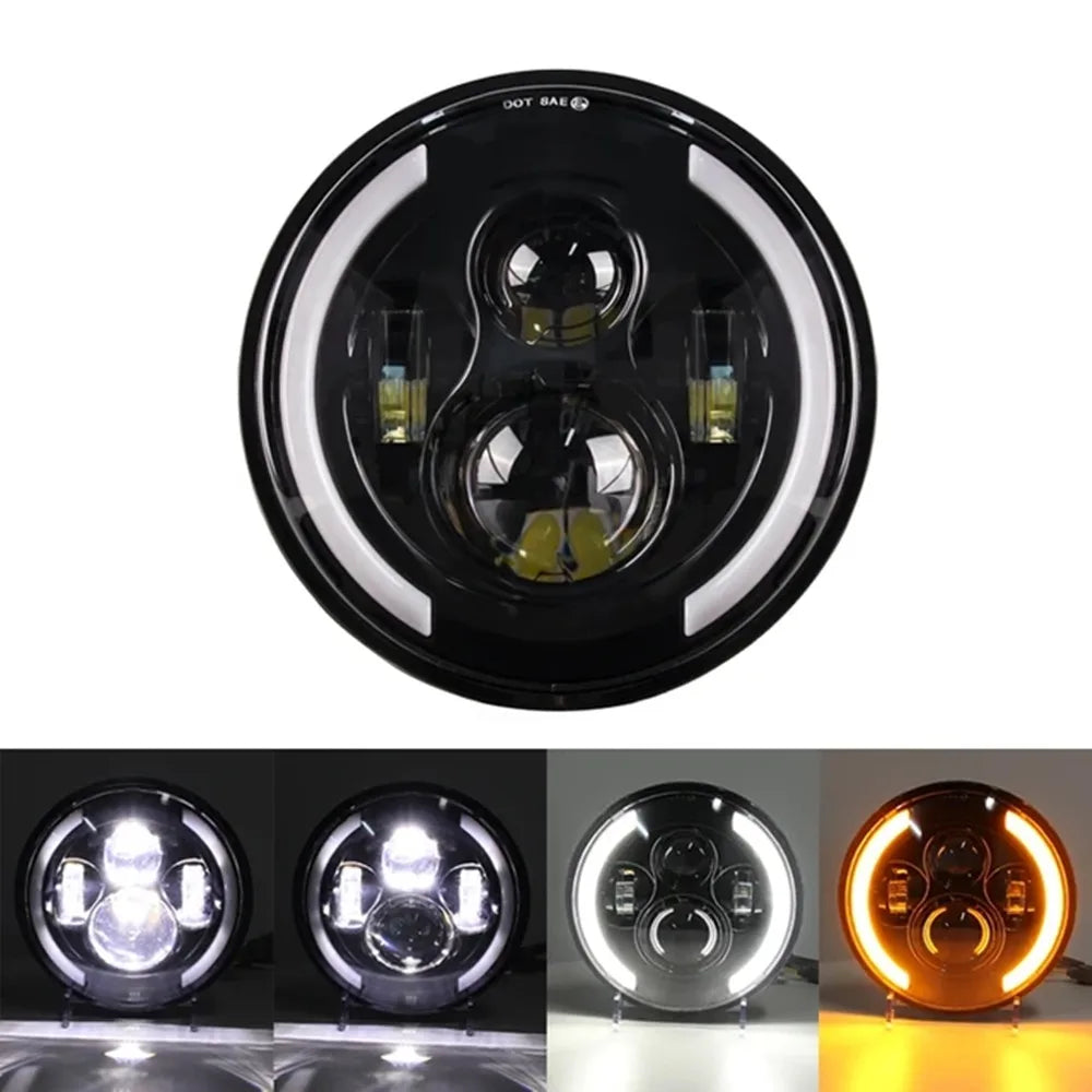 A circular automotive headlight assembly featuring LED daytime running lights and turn signals.