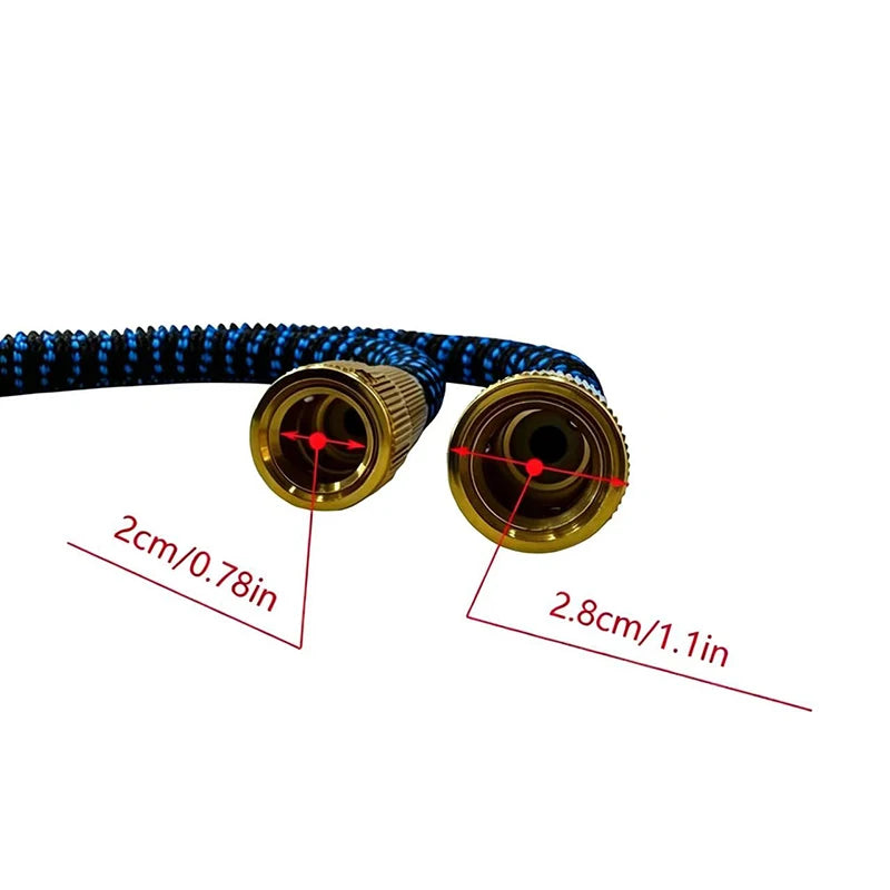 Blue expandable garden hose with a brass adjustable spray nozzle shown with dimension lines.