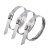 Silver heavy-duty stainless steel cable ties with metal clasps
