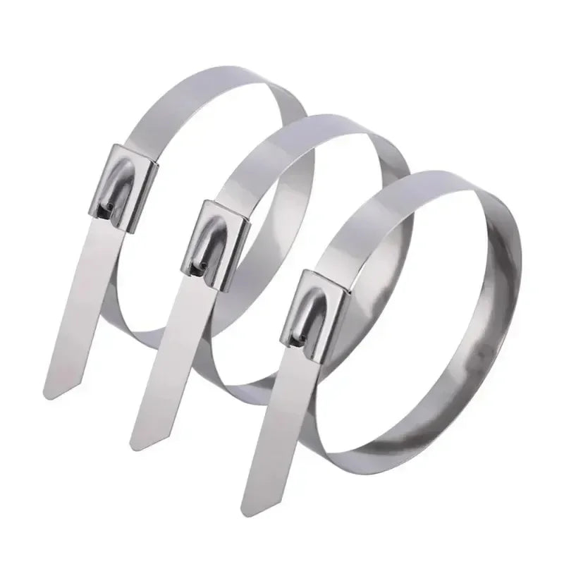 Silver heavy-duty stainless steel cable ties with metal clasps