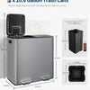 Silver dual trash cans with soft-close lids shown next to kitchen island counters.