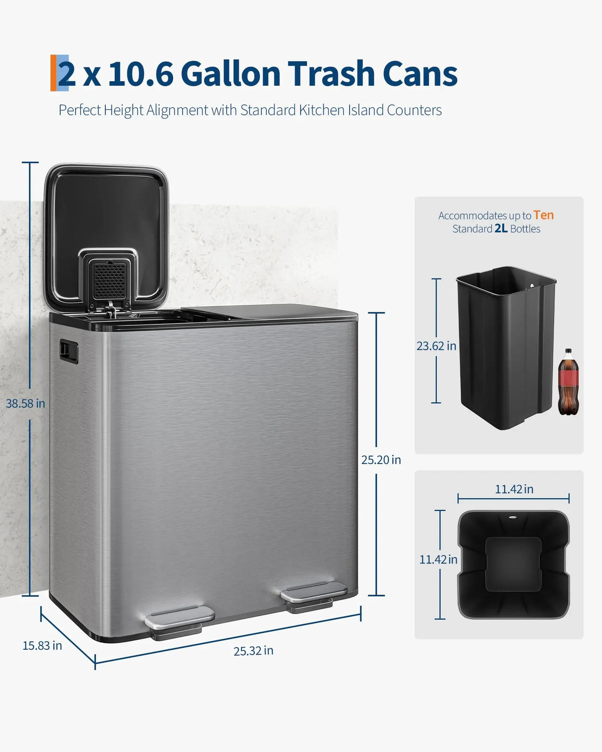Silver dual trash cans with soft-close lids shown next to kitchen island counters.